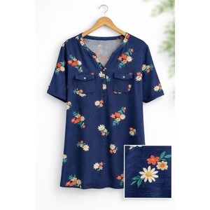 Croft & Barrow Henley Tee Top Size 2x Navy Floral Print Casual Knit Short Sleeve